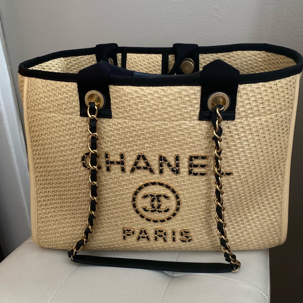 CHANEL Deauville Bag Beige Straw Calfskin Purse